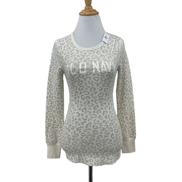 Old Navy Thermal Shirt Women XS Cream Leopard Print Waffle Knit Cuff Long Sleeve - Picture 1 of 15